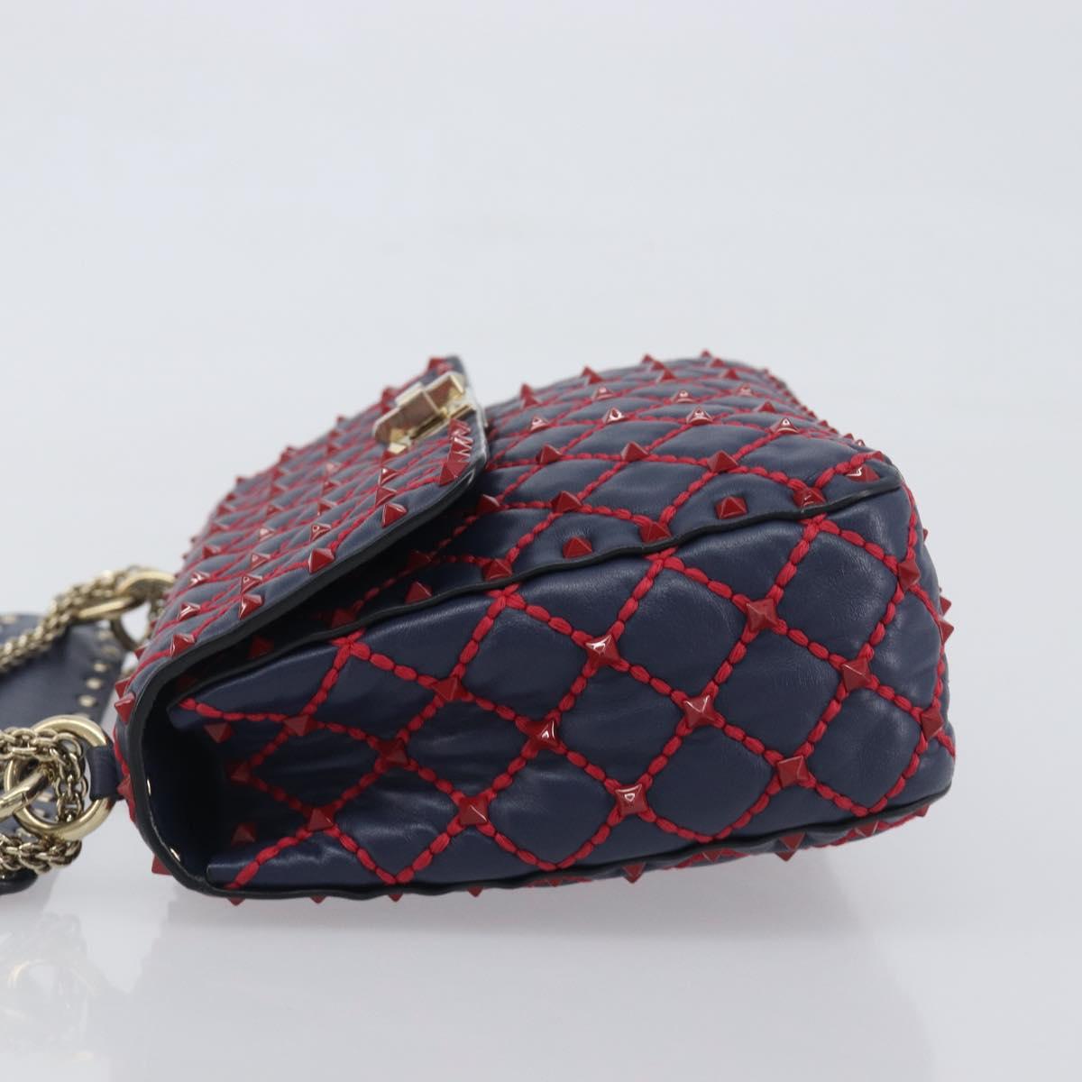 VALENTINO Rock Studs Chain Shoulder Bag Leather 2way Navy Gold Auth 198645M