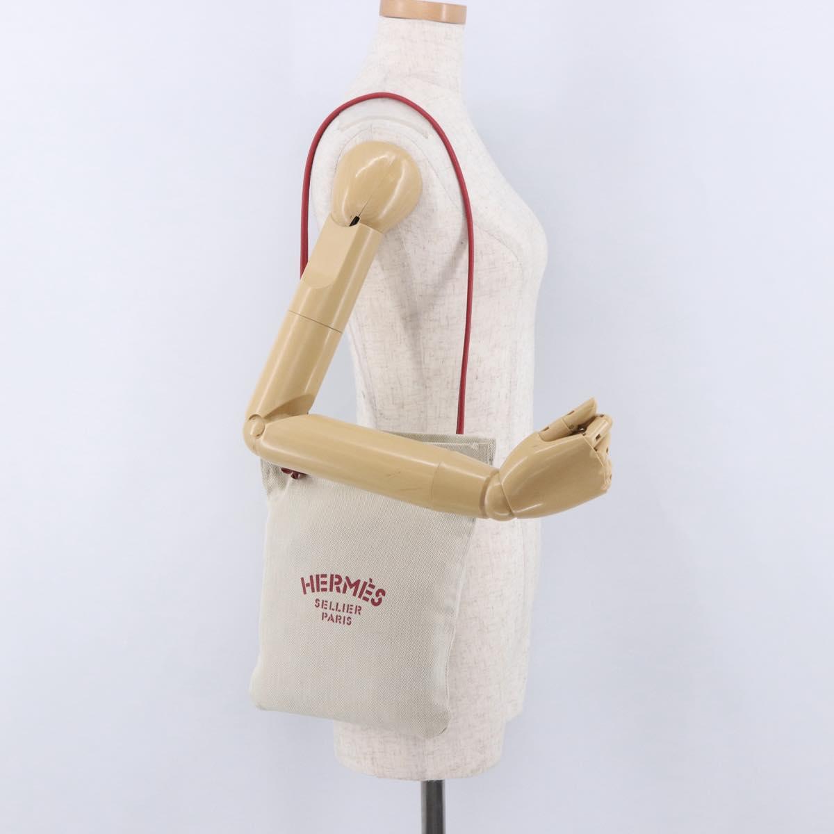 HERMES Aline PM Shoulder Bag Canvas Beige Red Auth 198647A