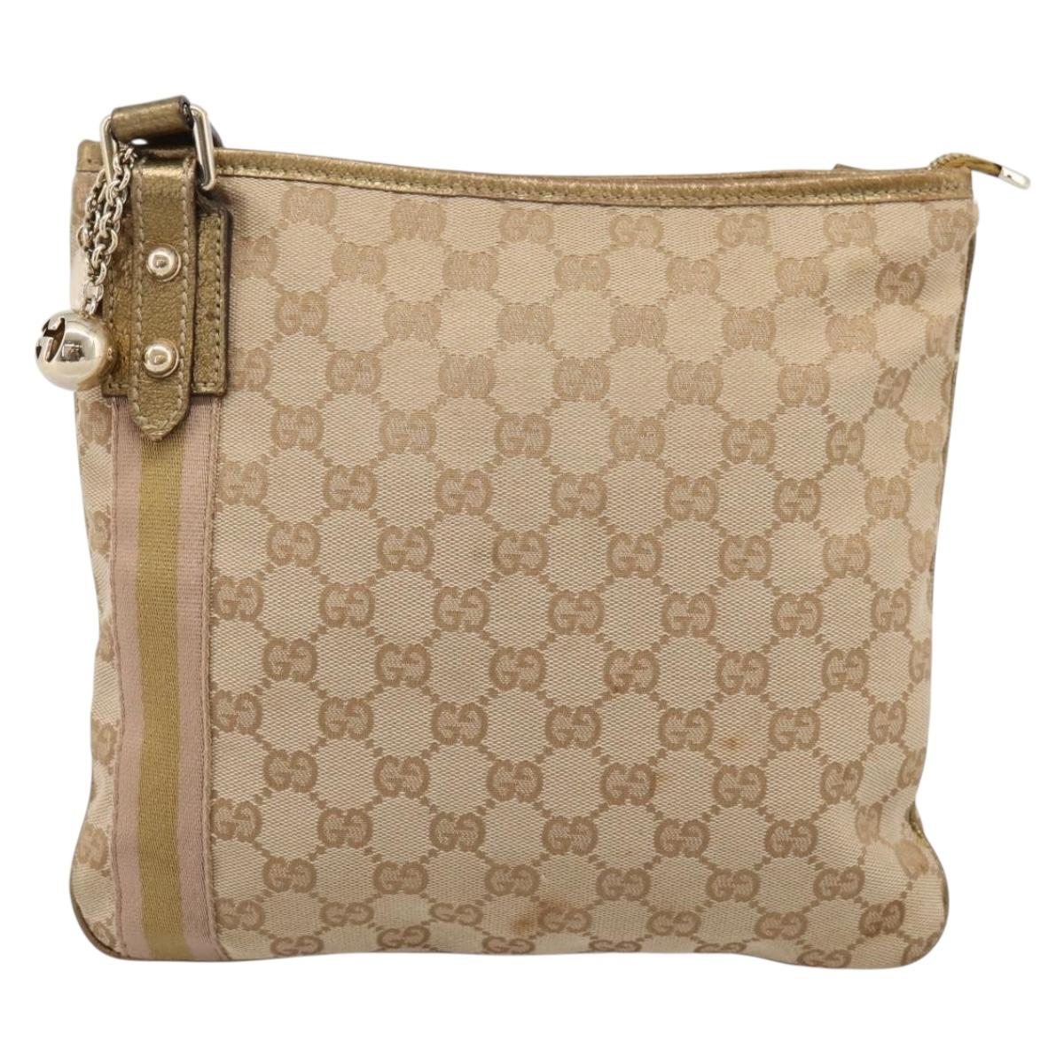 GUCCI GG Canvas Sherry Line Shoulder Bag Beige Gold Tone 144388 Auth 198655