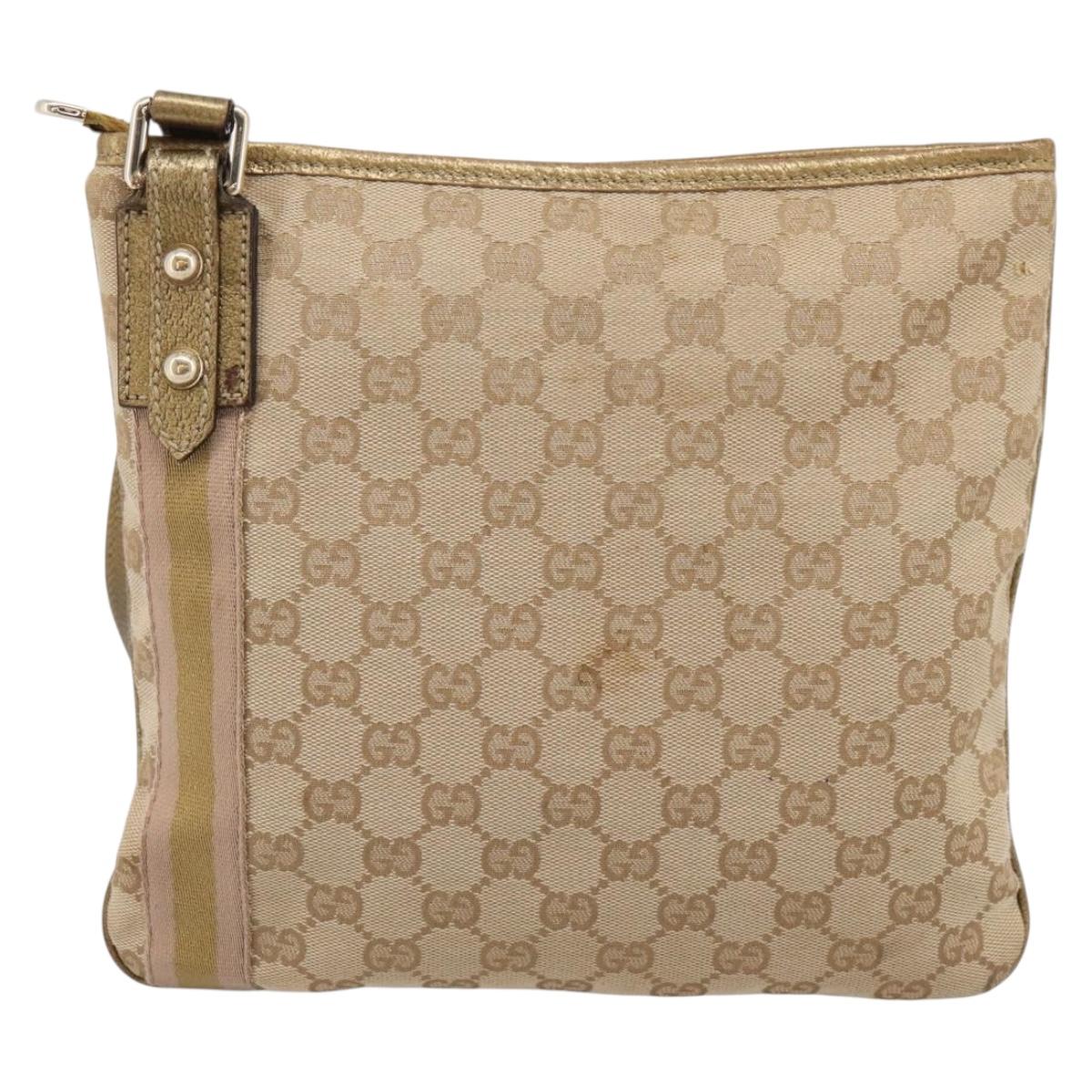 GUCCI GG Canvas Sherry Line Shoulder Bag Beige Gold Tone 144388 Auth 198655
