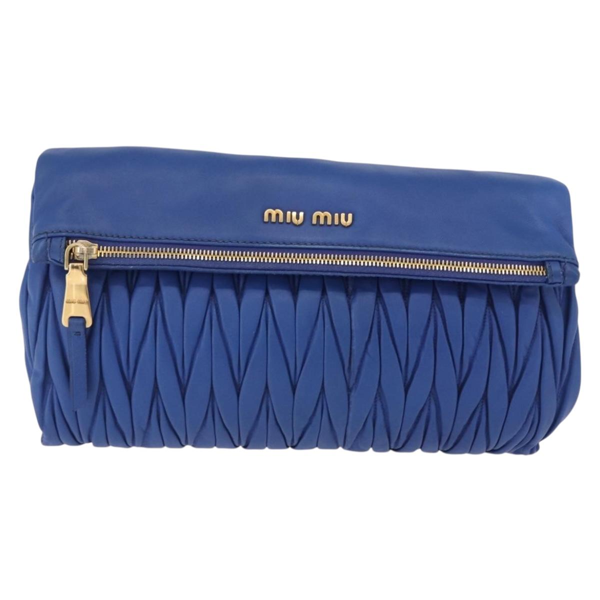 Miu Miu Matelasse Shoulder Bag Leather 2way Blue Gold Tone Auth 198657A