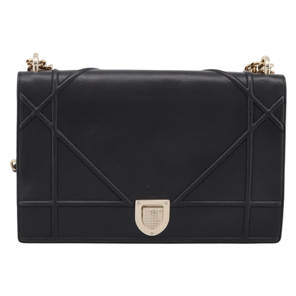 Christian Dior Diorama Chain Shoulder Bag Leather Black Gold Tone Auth 198661A