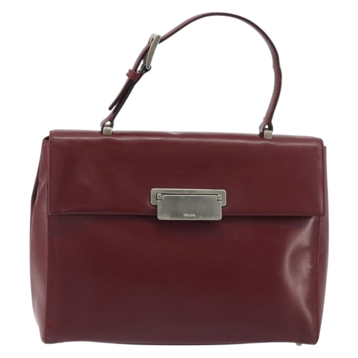 PRADA Hand Bag Leather Bordeaux Silver Auth 198674
