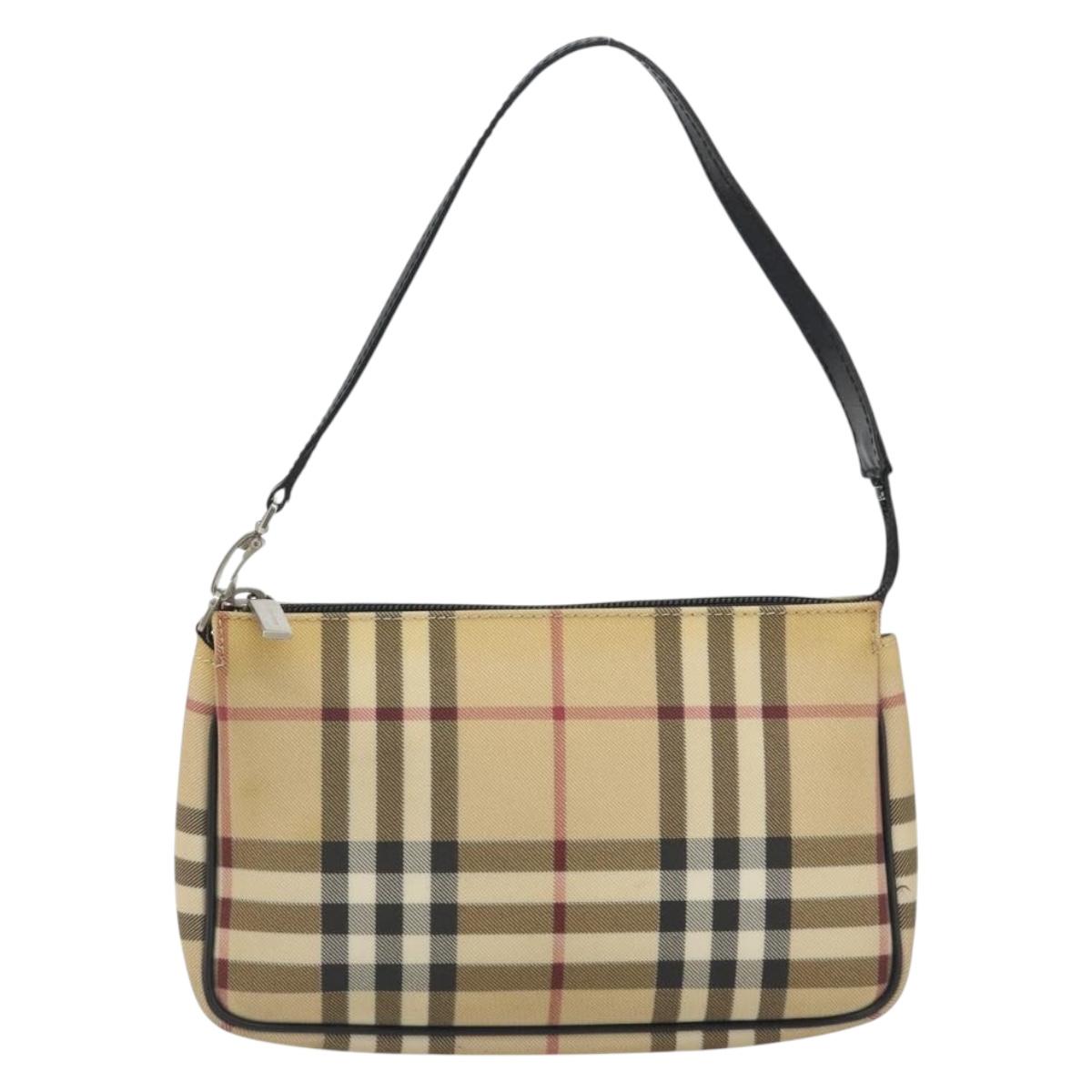 BURBERRY Nova Check Accessory Pouch PVC Leather Beige Silver Auth 198675A