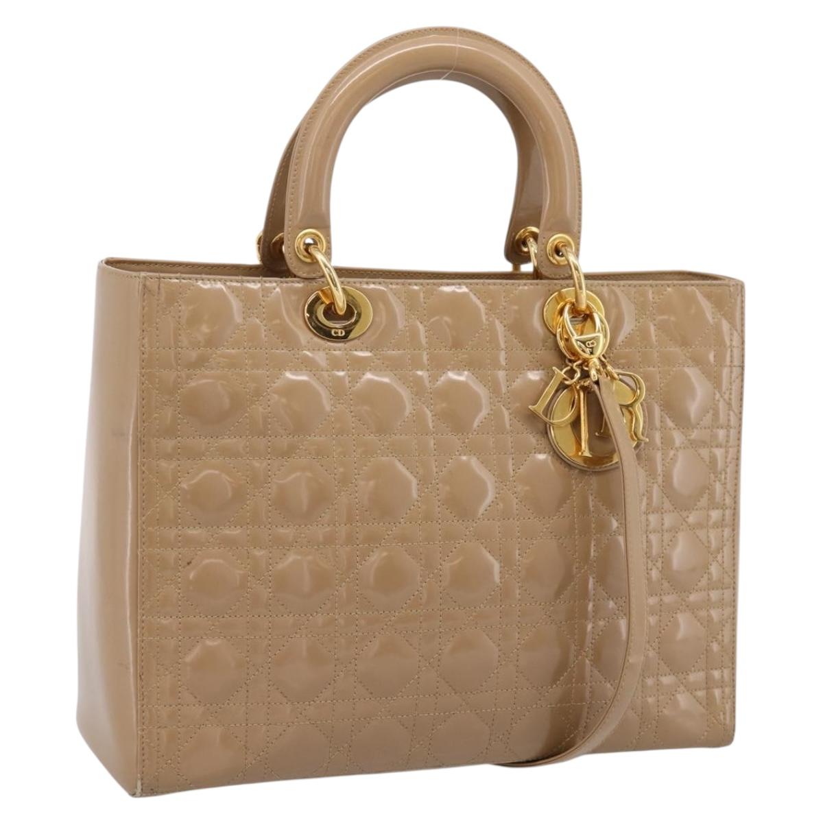 Christian Dior Cannage Lady Dior Large Hand Bag Patent Beige Gold Auth 198677A