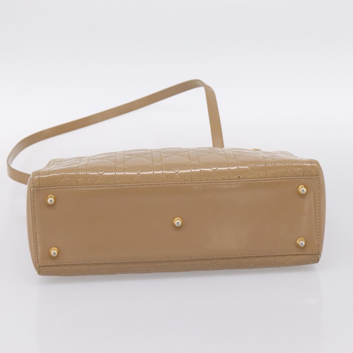 Christian Dior Cannage Lady Dior Large Hand Bag Patent Beige Gold Auth 198677A