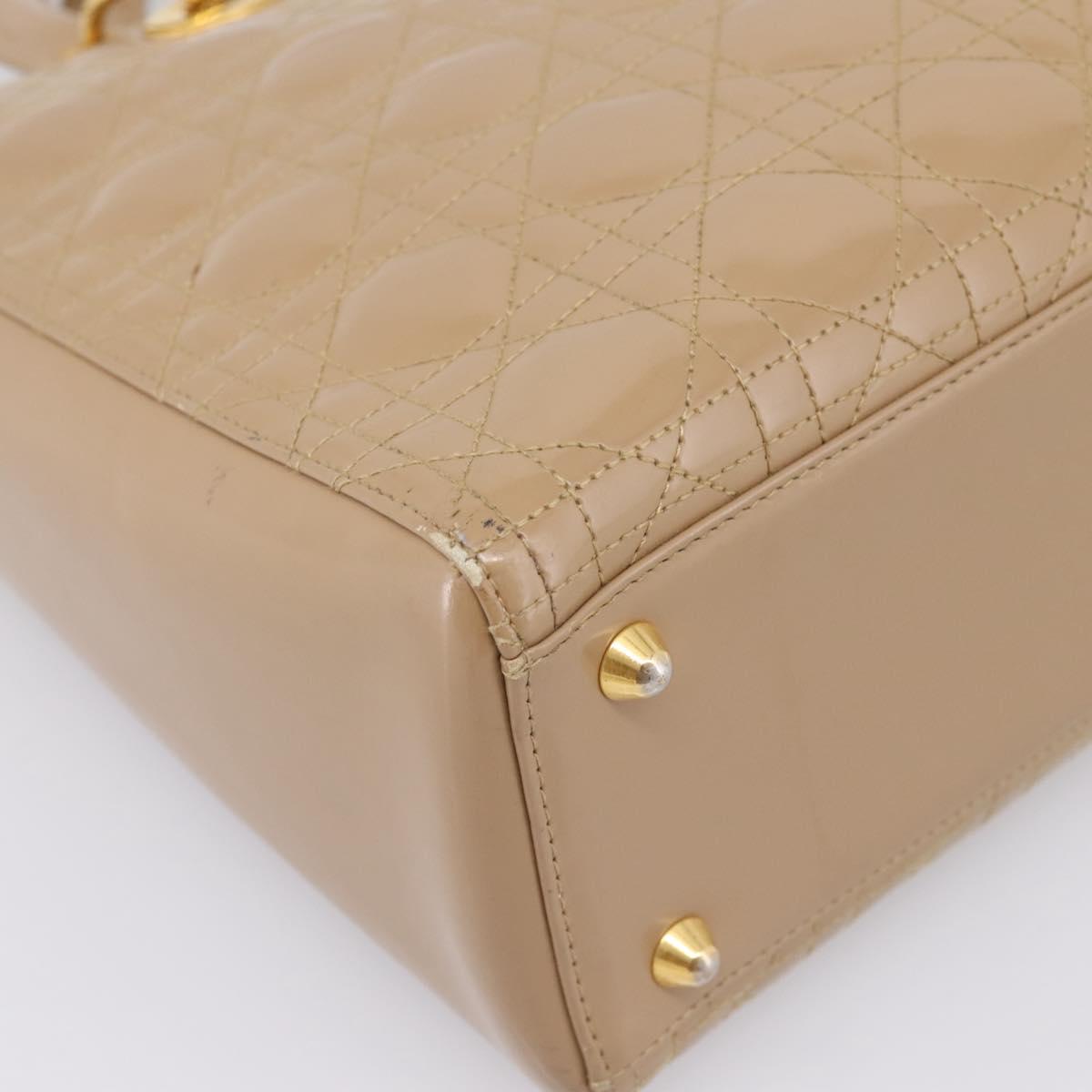 Christian Dior Cannage Lady Dior Large Hand Bag Patent Beige Gold Auth 198677A
