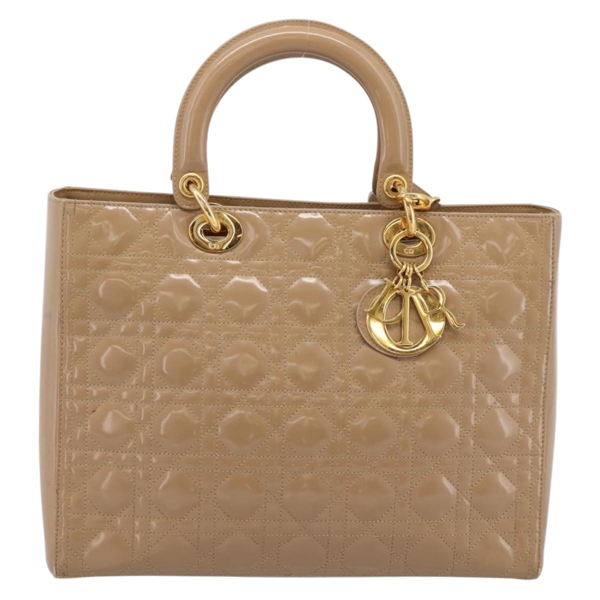 Christian Dior Cannage Lady Dior Large Hand Bag Patent Beige Gold Auth 198677A