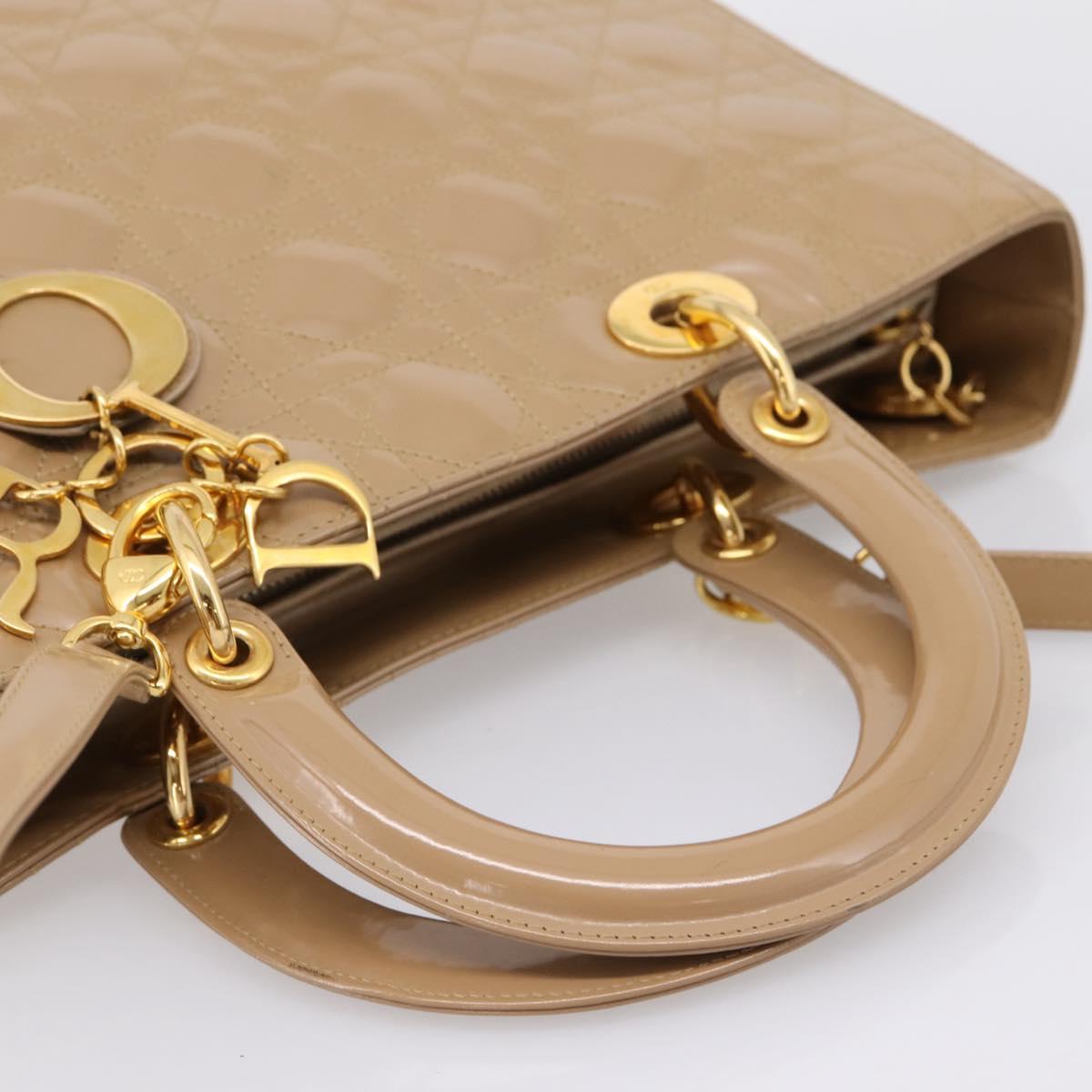 Christian Dior Cannage Lady Dior Large Hand Bag Patent Beige Gold Auth 198677A