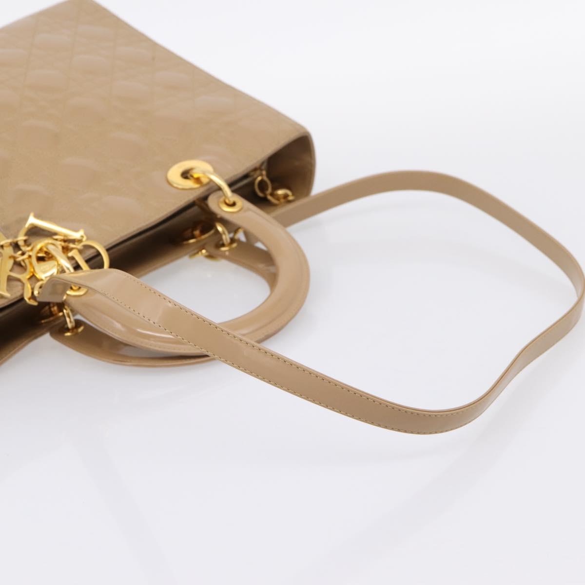 Christian Dior Cannage Lady Dior Large Hand Bag Patent Beige Gold Auth 198677A