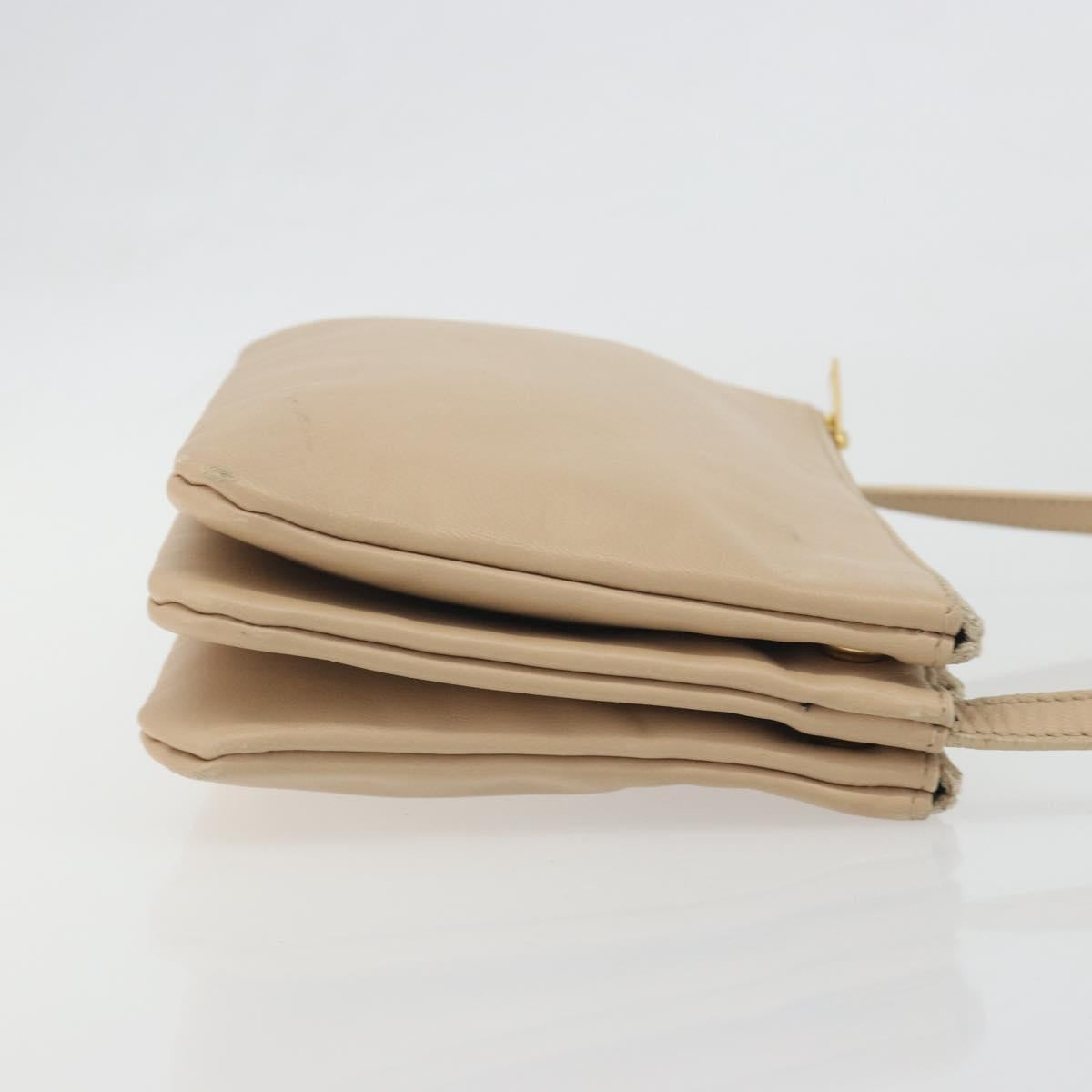 CELINE Trio Shoulder Bag Leather Beige Gold Auth 198683A