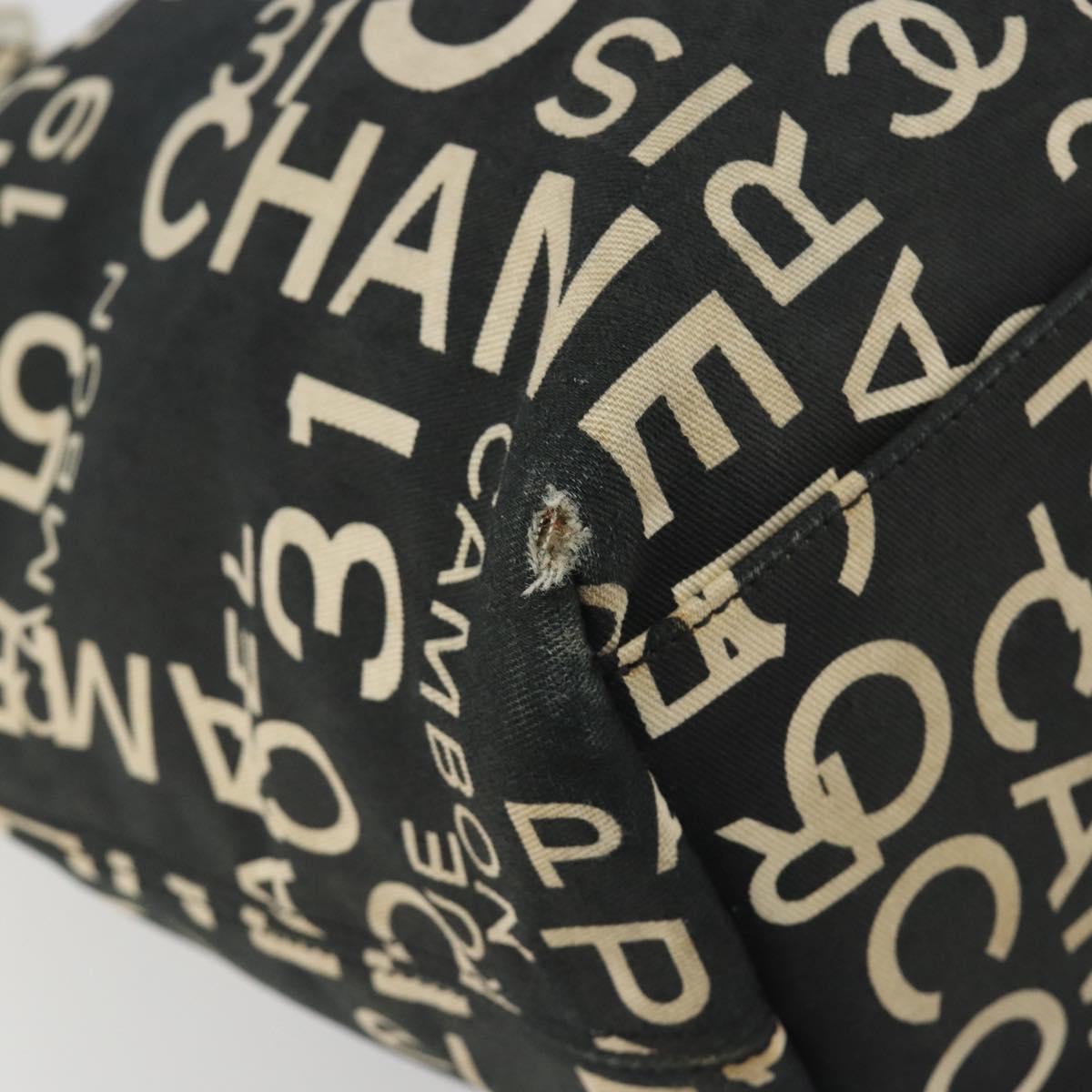 CHANEL Vichy Line Tote Bag Canvas Black Silver CC Auth 198686