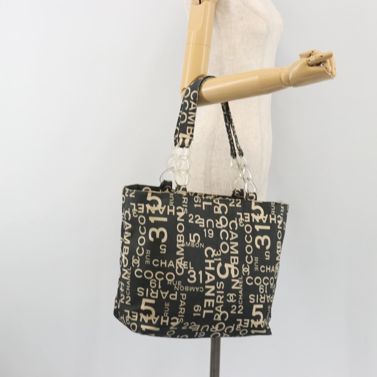 CHANEL Vichy Line Tote Bag Canvas Black Silver CC Auth 198686