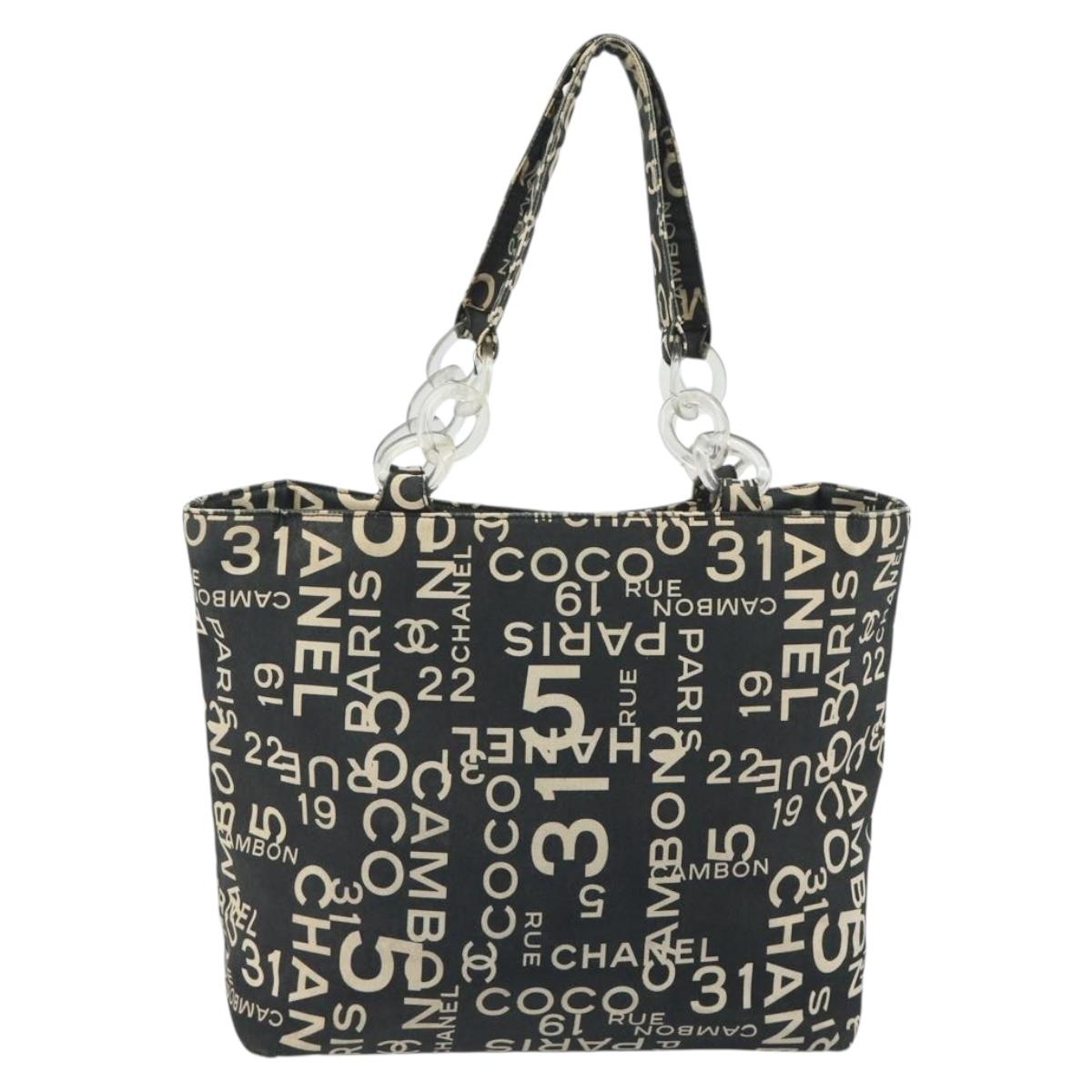CHANEL Vichy Line Tote Bag Canvas Black Silver CC Auth 198686