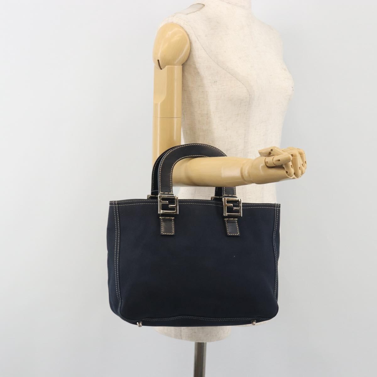 FENDI Hand Bag Canvas Navy Silver Auth 198689A