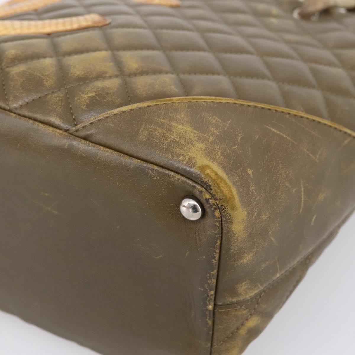 CHANEL Matelasse Cambon Line Hand Bag Leather Khaki CC Auth 198693