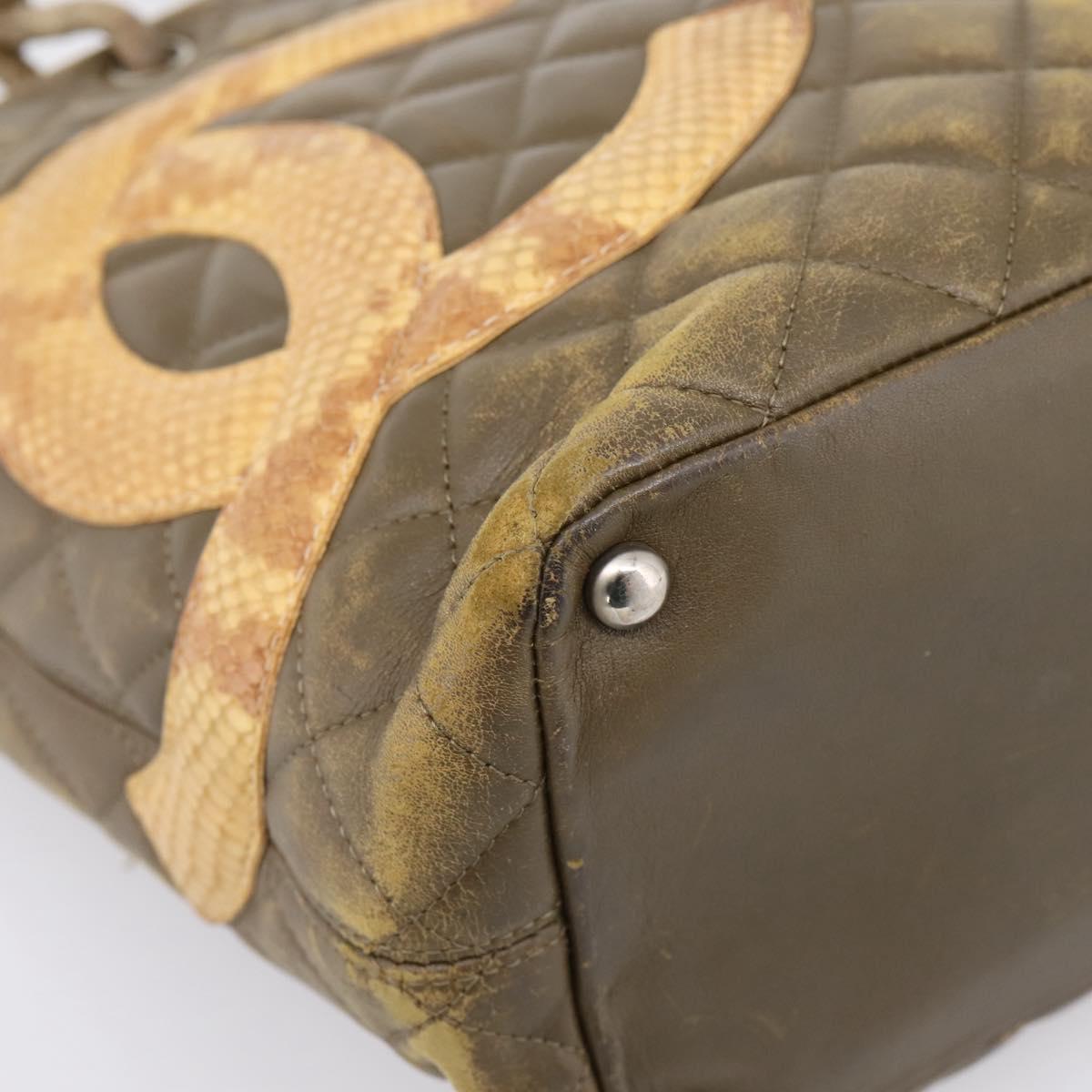 CHANEL Matelasse Cambon Line Hand Bag Leather Khaki CC Auth 198693