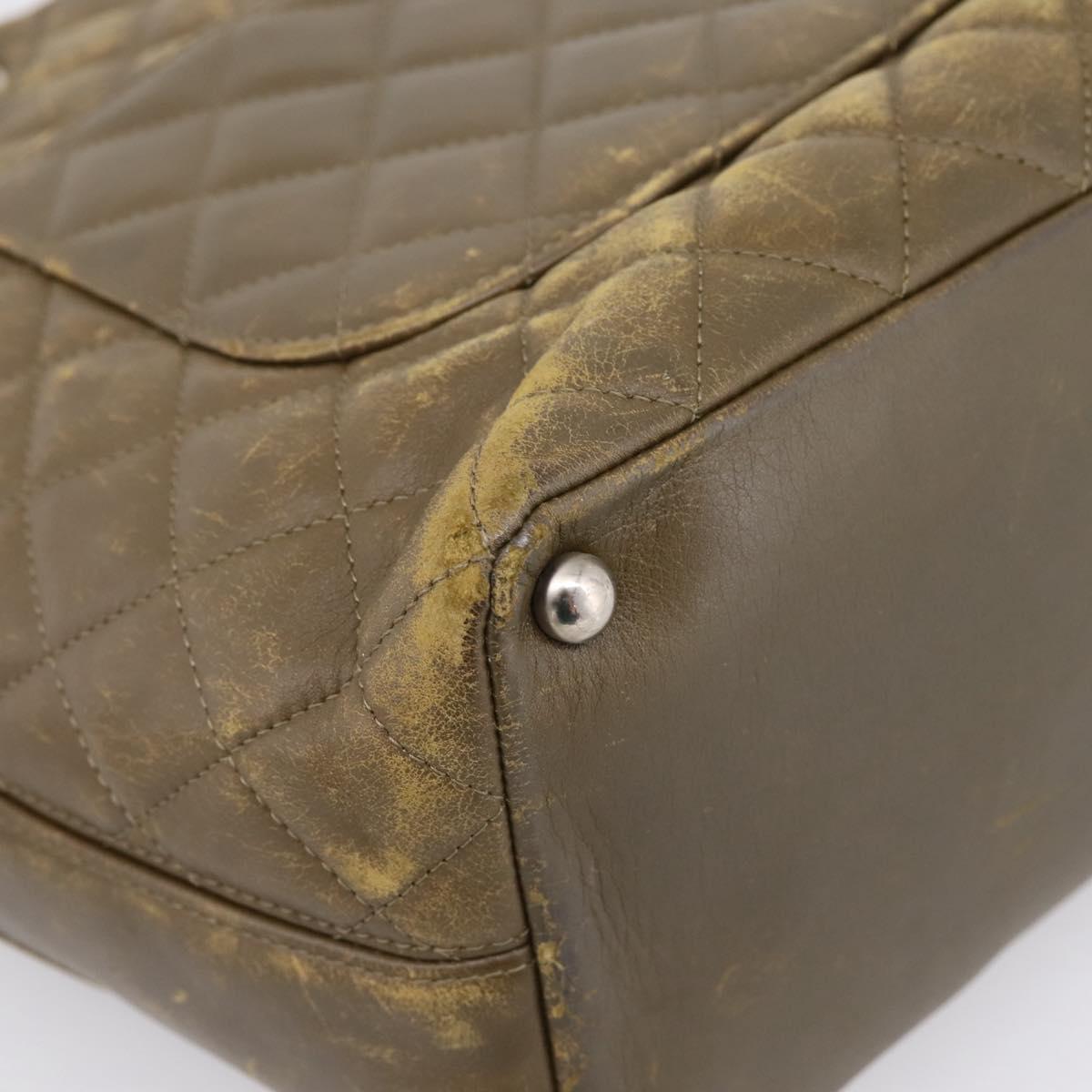 CHANEL Matelasse Cambon Line Hand Bag Leather Khaki CC Auth 198693