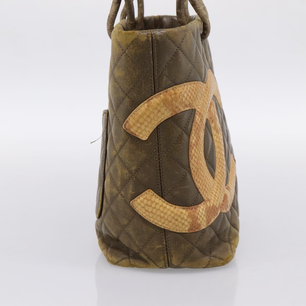 CHANEL Matelasse Cambon Line Hand Bag Leather Khaki CC Auth 198693