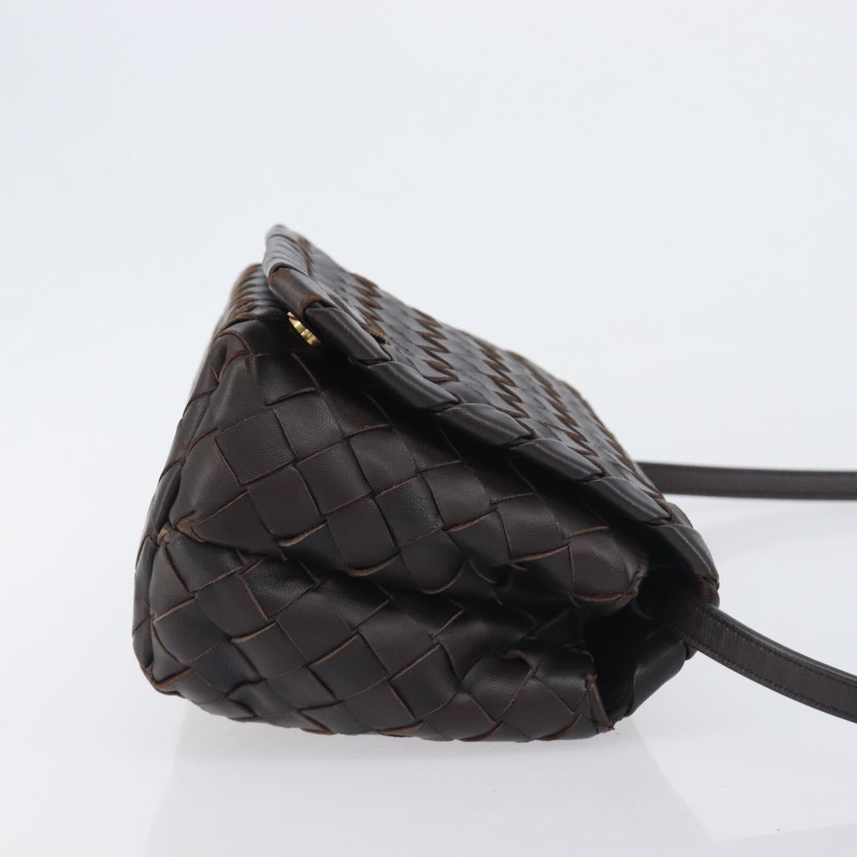 BOTTEGA VENETA INTRECCIATO Shoulder Bag Leather Dark Brown Gold Auth 198694V