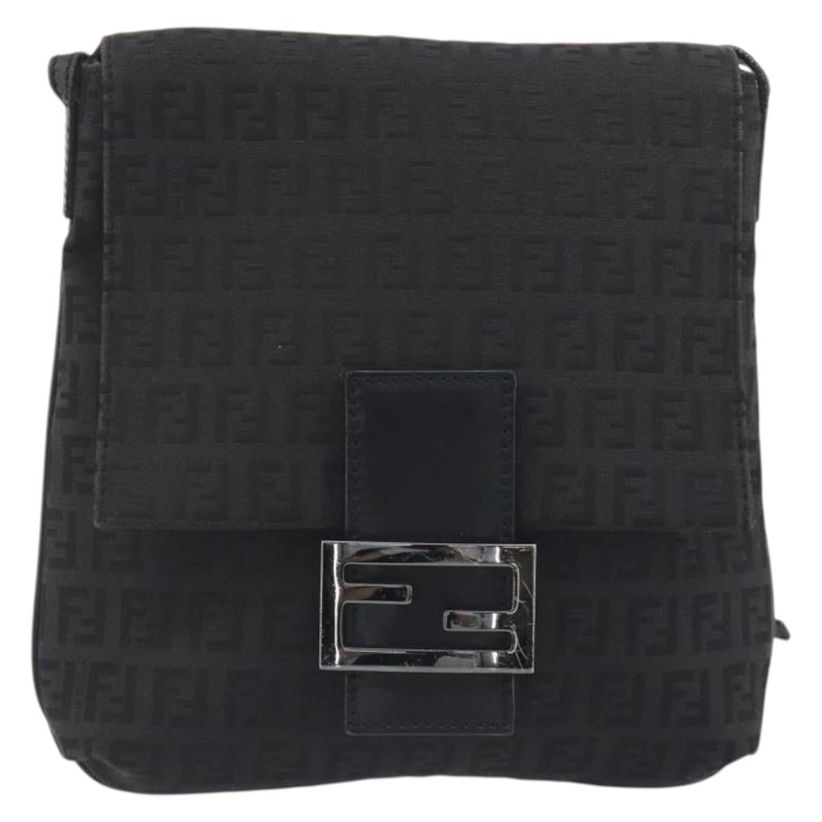 FENDI Zucchino Canvas Mamma Baguette Shoulder Bag Black Auth 198707A