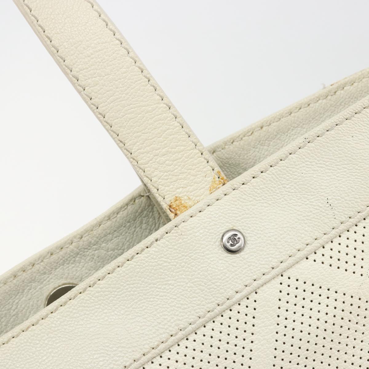 CHANEL Tote Bag Punching Leather White Silver CC Auth 198721A
