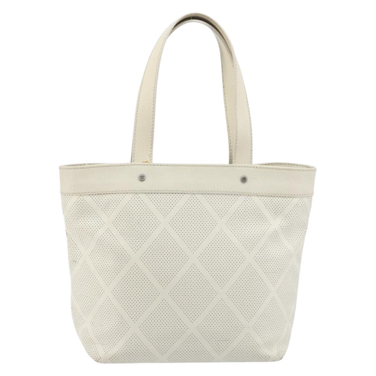 CHANEL Tote Bag Punching Leather White Silver CC Auth 198721A