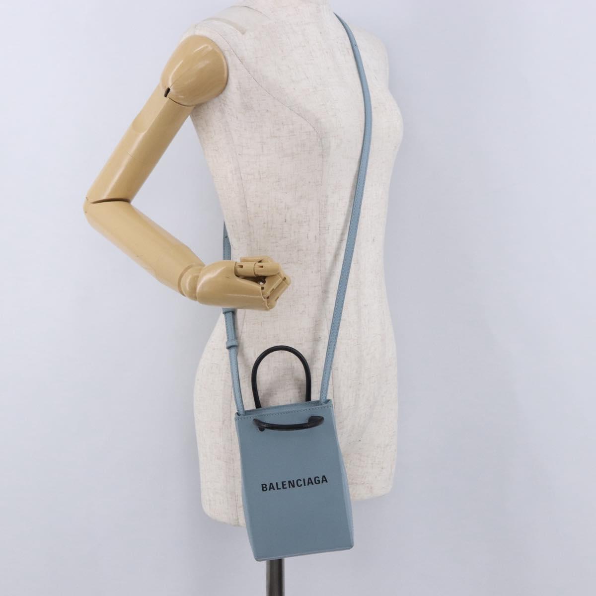 BALENCIAGA Shopping Phone Holder Bag Leather 2way Light Blue 593826 Auth 198722A