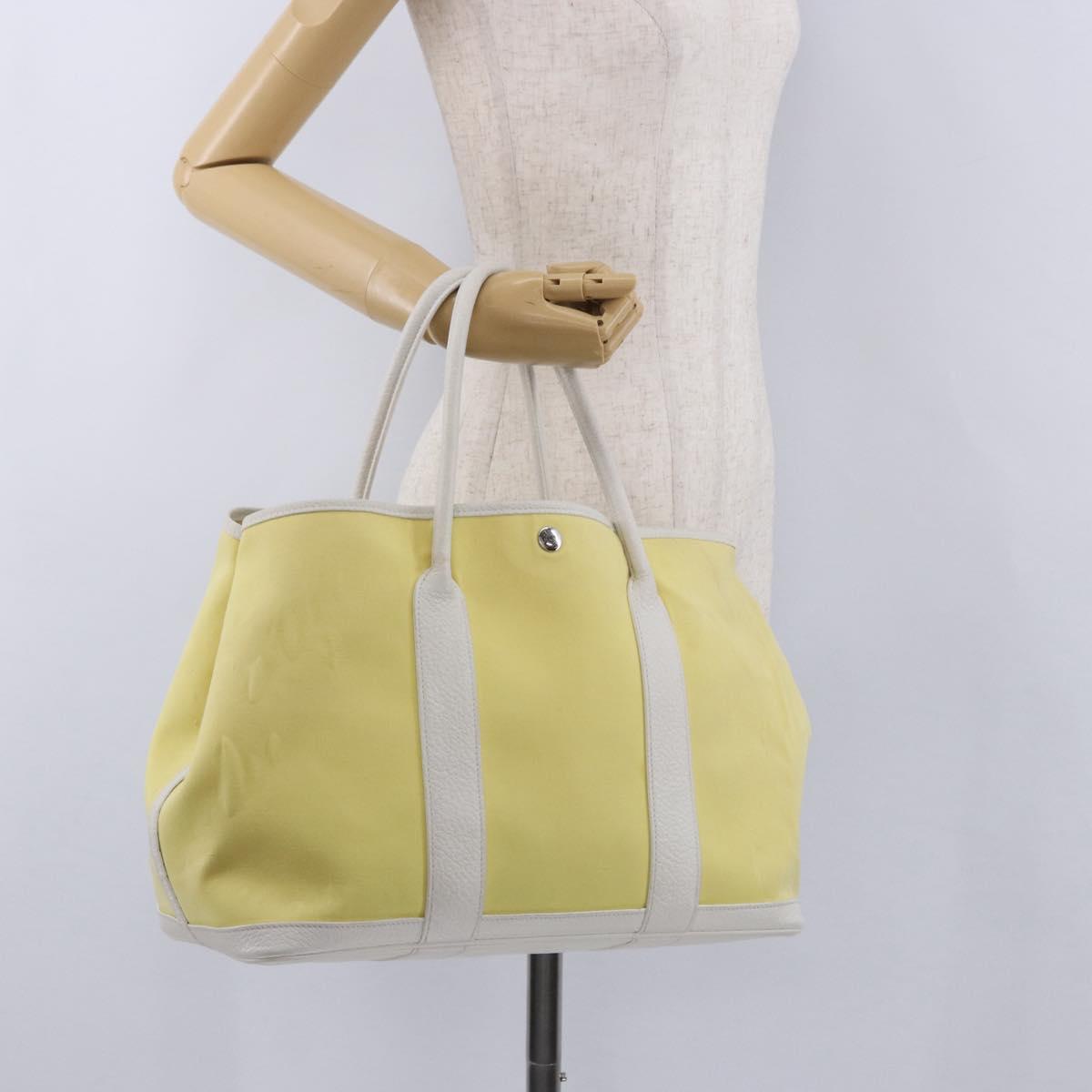 HERMES Garden Party PM Tote Bag Canvas Yellow Silver Auth 198723A