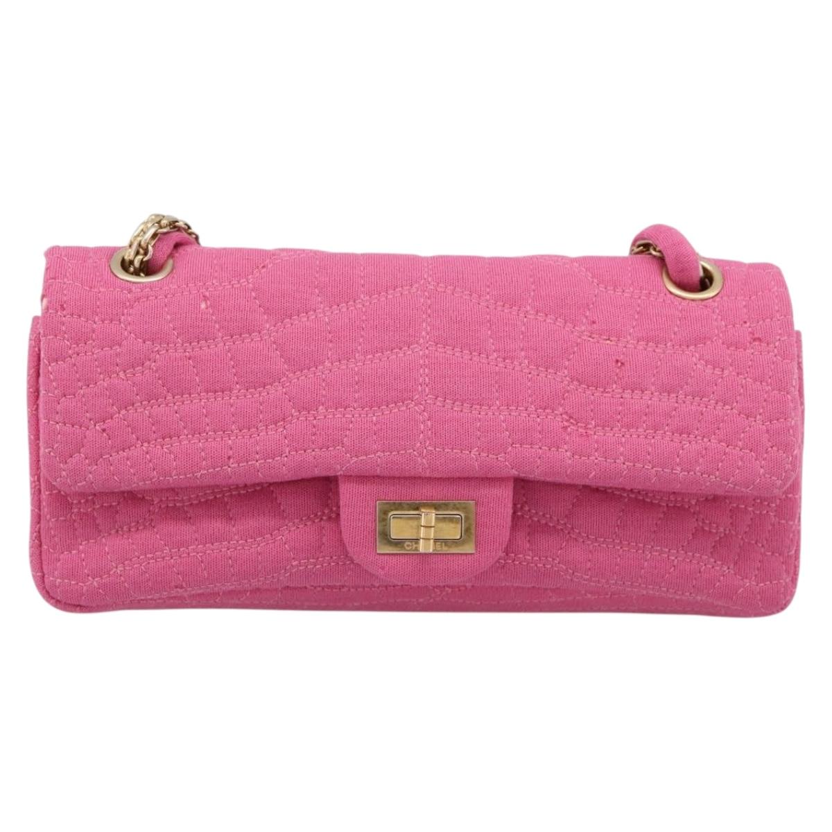 CHANEL 2.55 Chain Shoulder Bag Cotton Jersey Pink Gold CC Auth 198733M