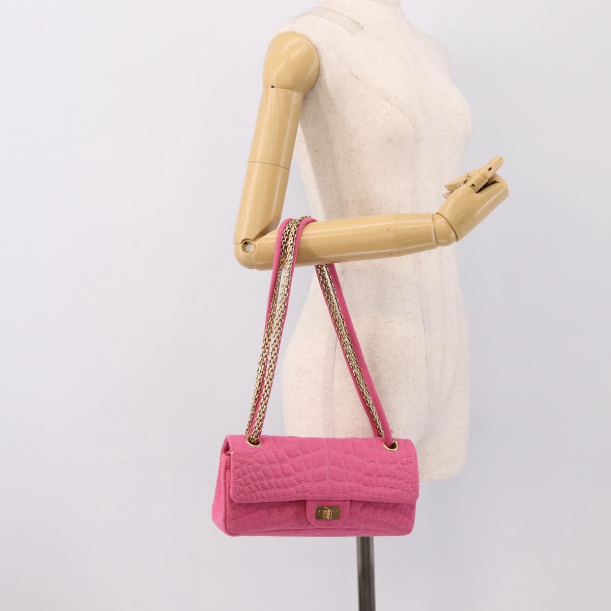 CHANEL 2.55 Chain Shoulder Bag Cotton Jersey Pink Gold CC Auth 198733M