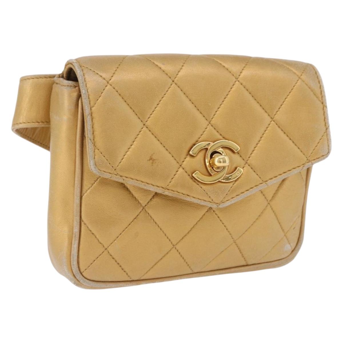 CHANEL Matelasse Waist Bag Lamb Skin Gold CC Auth 198737