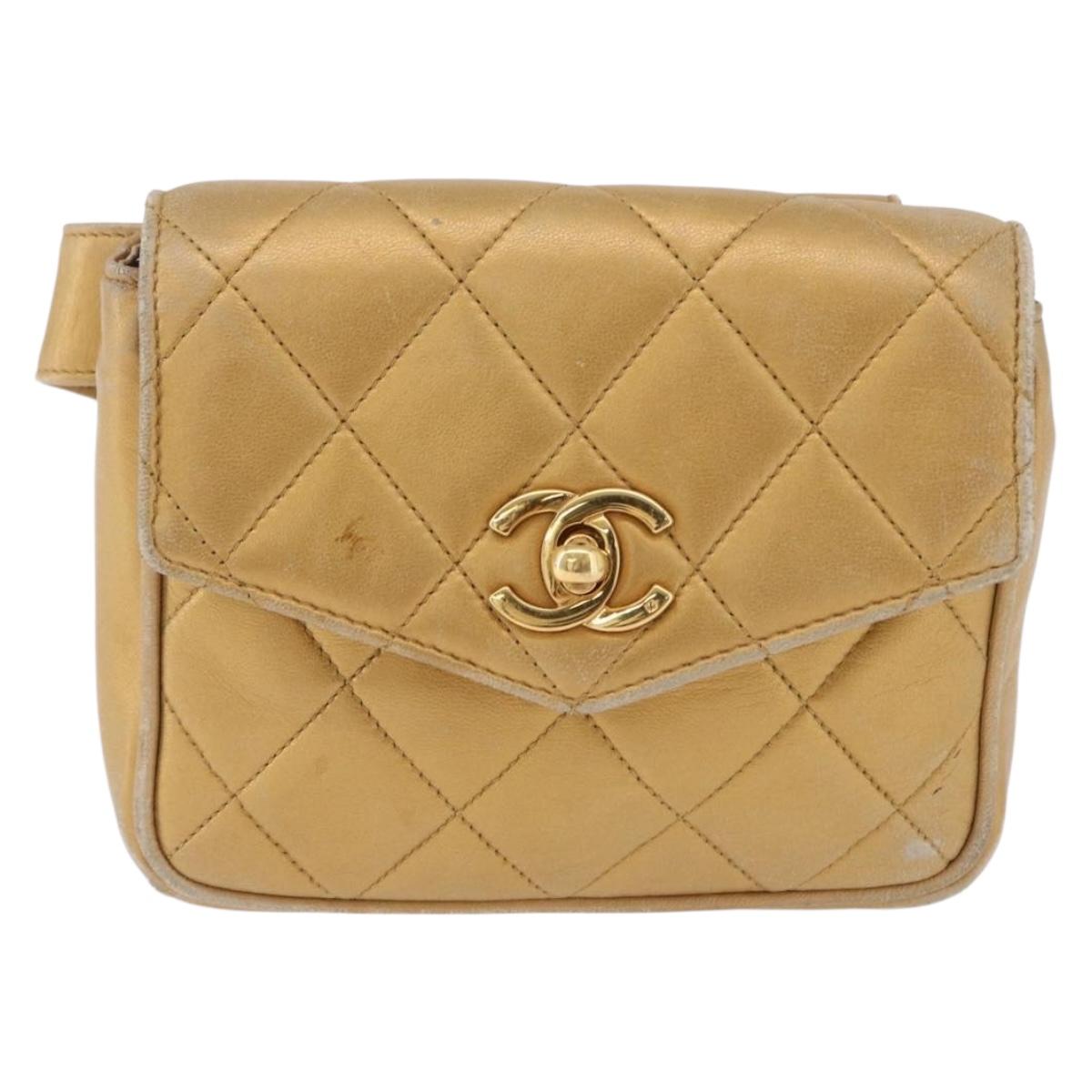 CHANEL Matelasse Waist Bag Lamb Skin Gold CC Auth 198737
