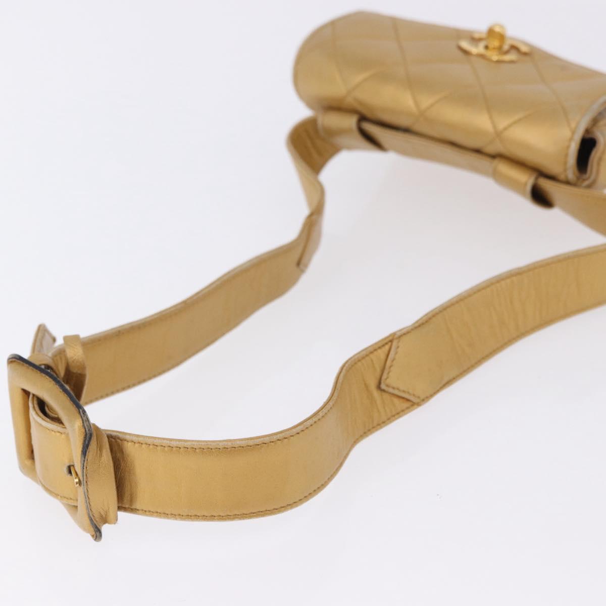 CHANEL Matelasse Waist Bag Lamb Skin Gold CC Auth 198737