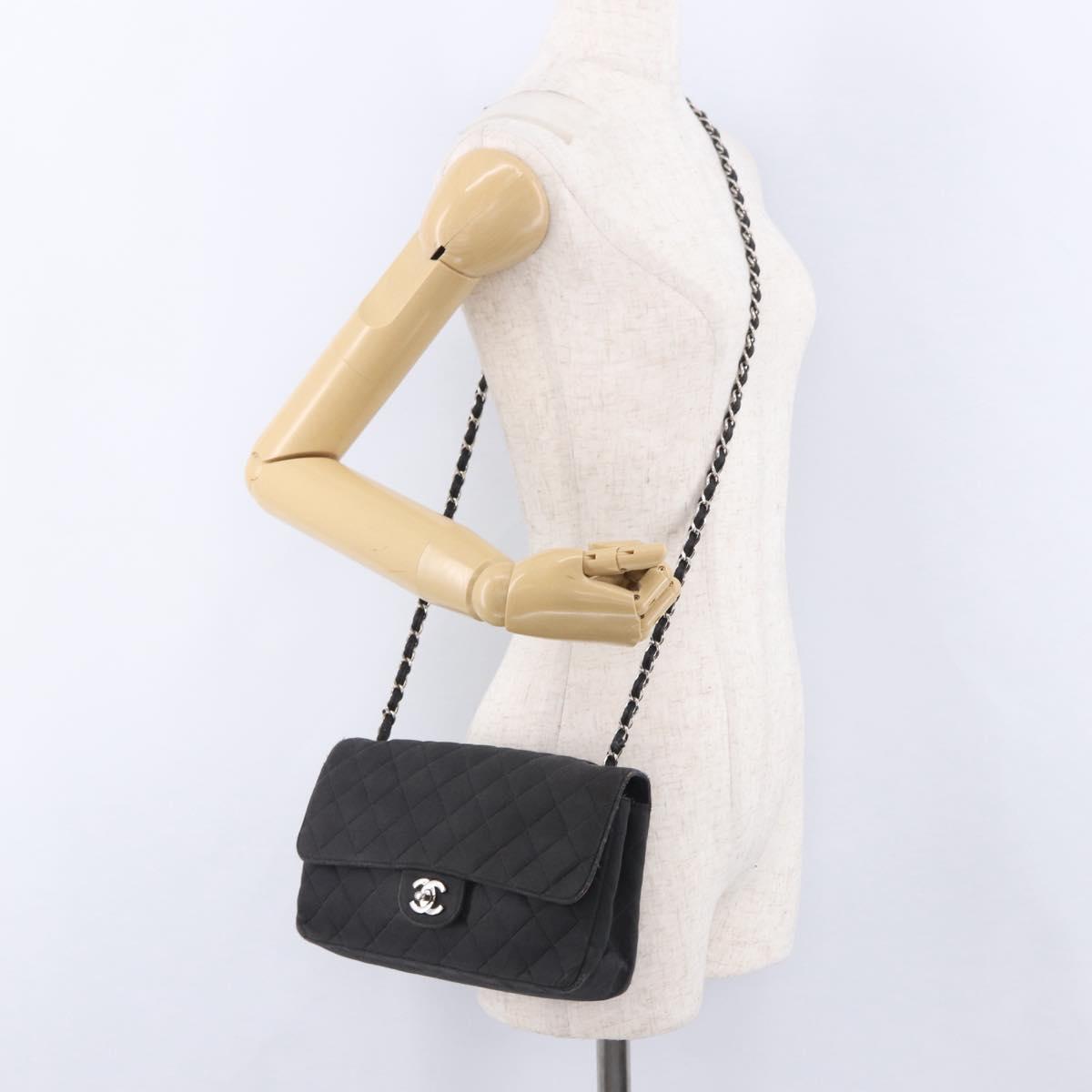 CHANEL Matelasse25 Chain Shoulder Bag Canvas Black Silver CC Auth 198742