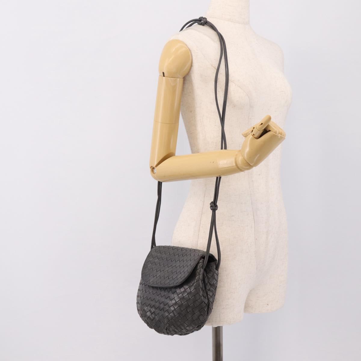 BOTTEGA VENETA INTRECCIATO Shoulder Bag Leather Gray Gold Auth 198743A
