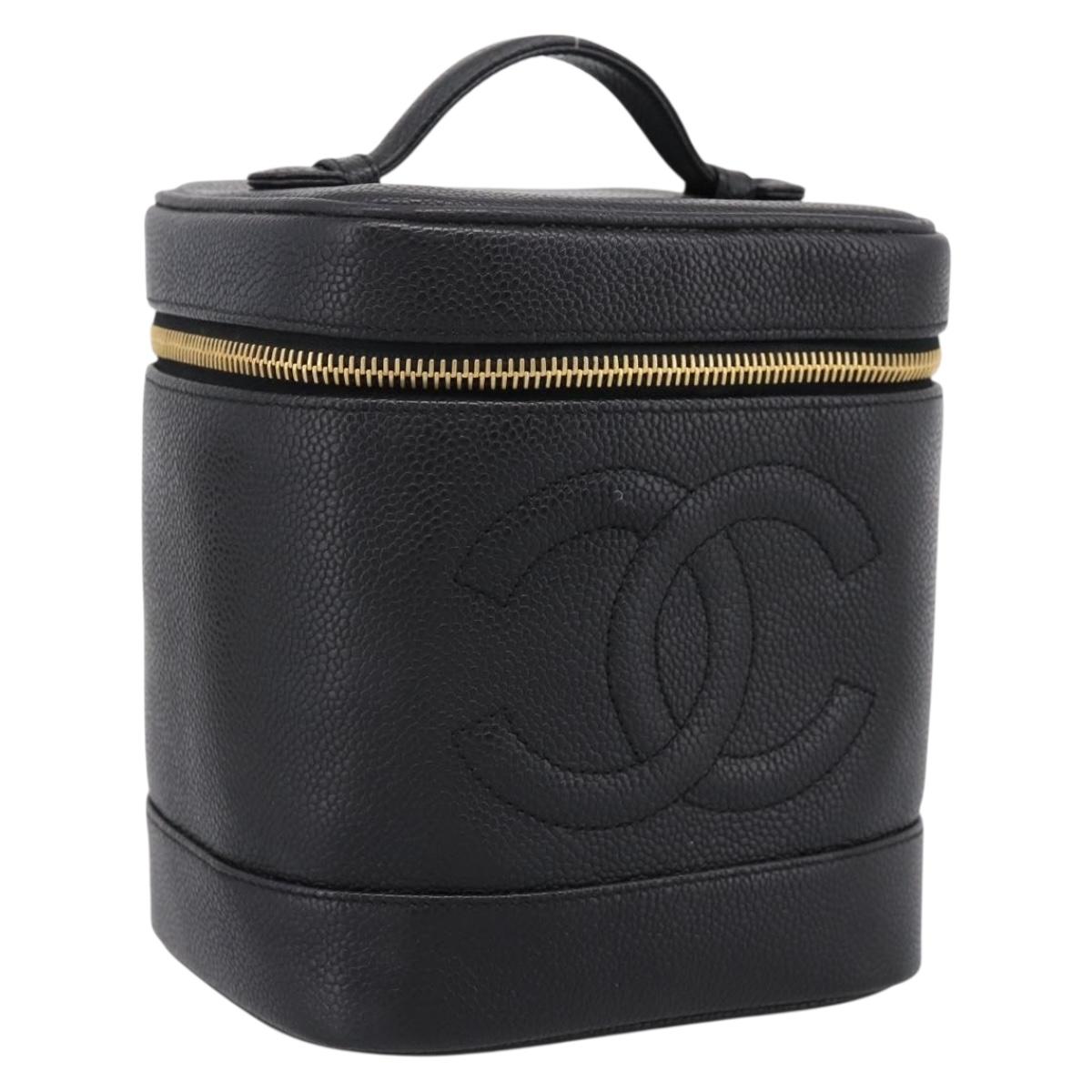 CHANEL COCO Mark Vanity Hand Bag Caviar Skin Black Gold CC Auth 198746V