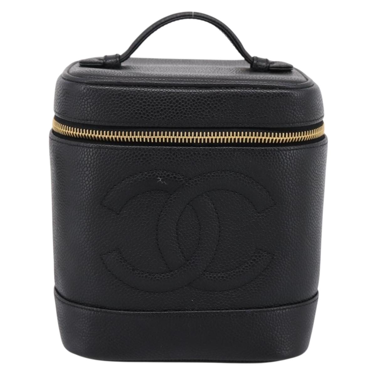 CHANEL COCO Mark Vanity Hand Bag Caviar Skin Black Gold CC Auth 198746V