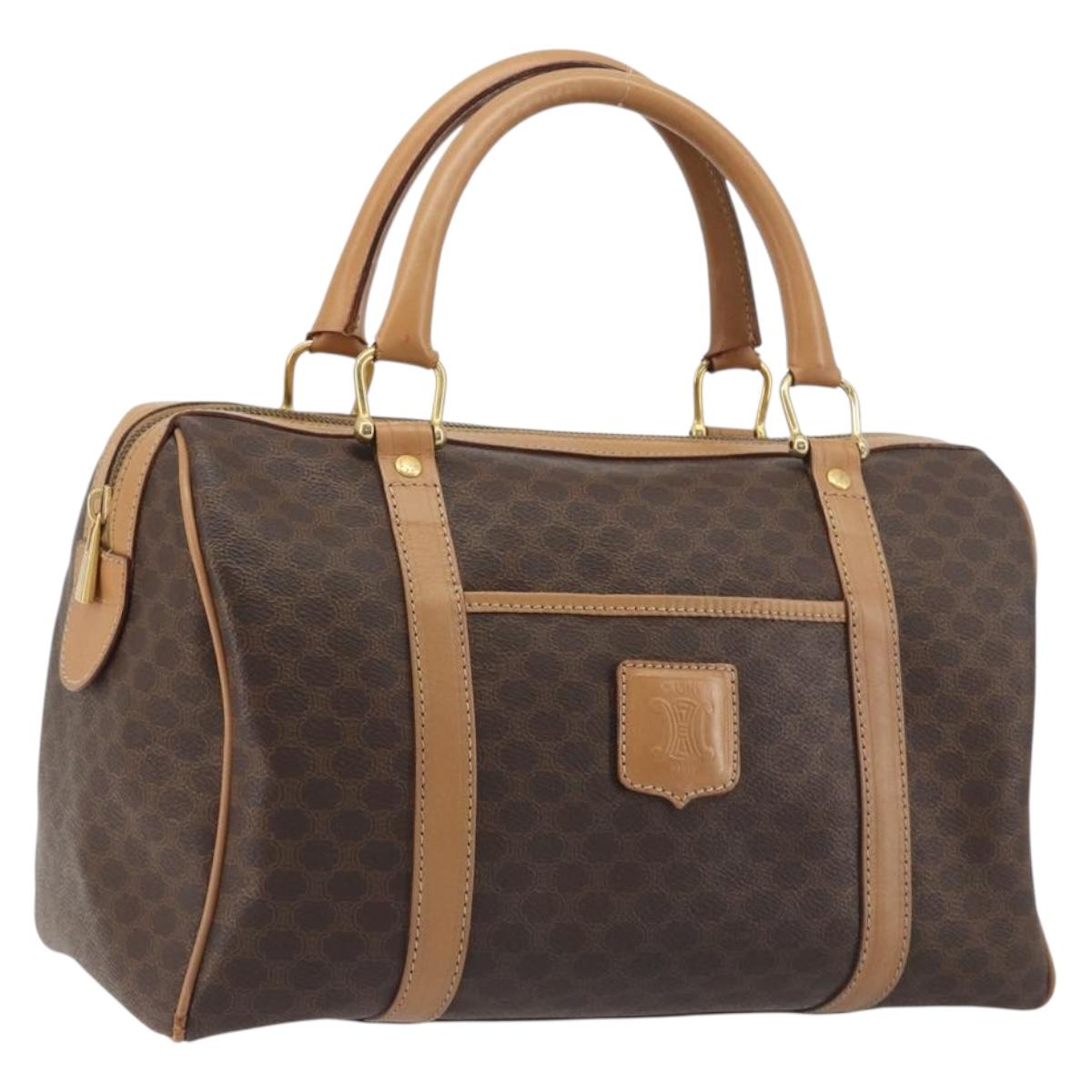 CELINE Macadam Canvas Boston Bag PVC Leather Brown Gold Auth 198748
