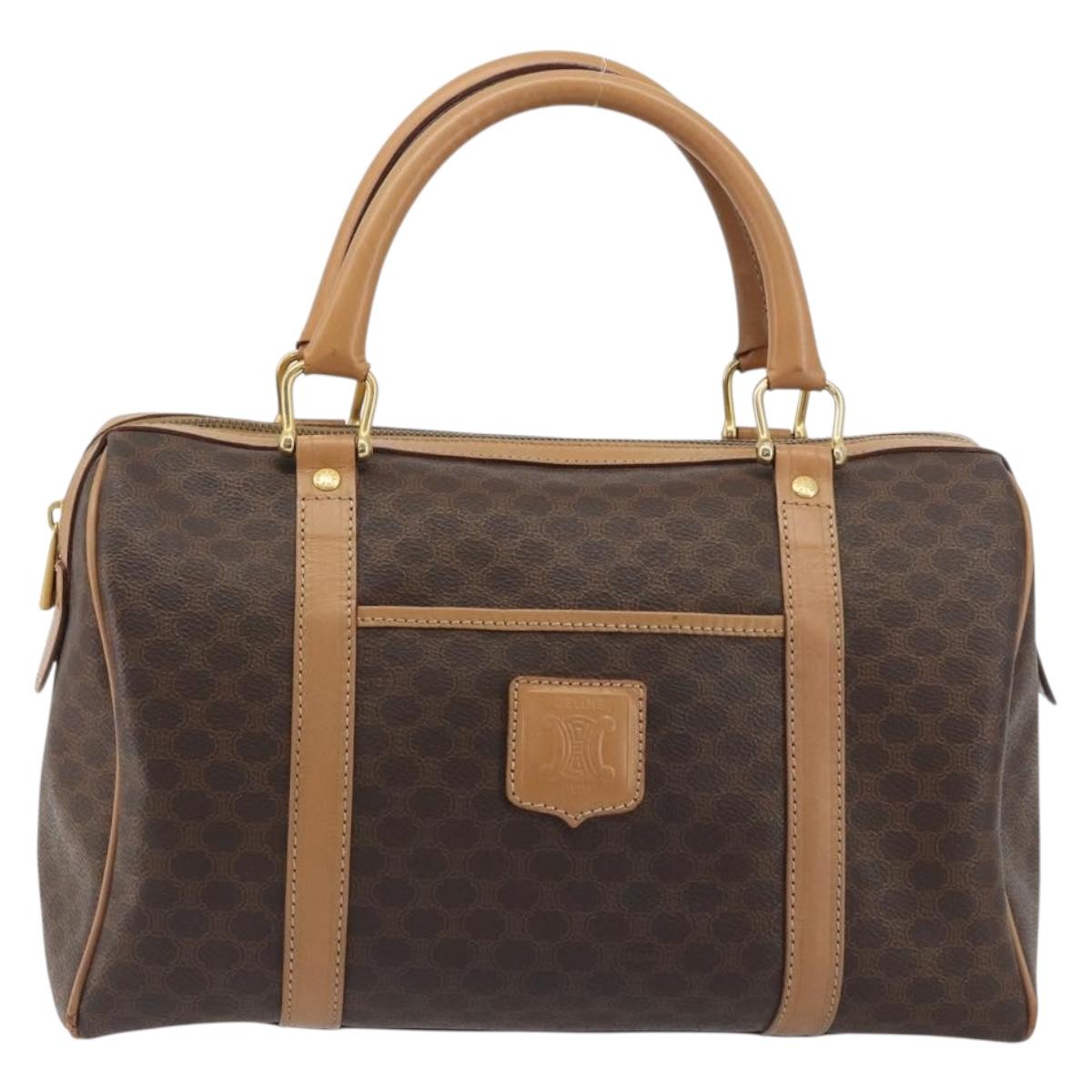 CELINE Macadam Canvas Boston Bag PVC Leather Brown Gold Auth 198748