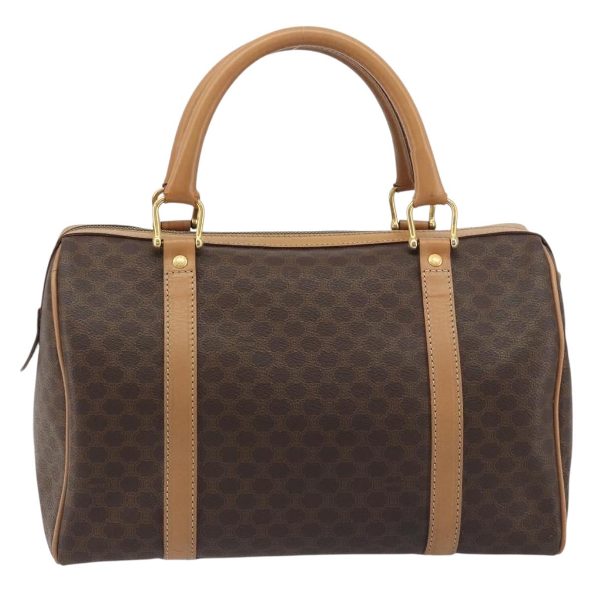 CELINE Macadam Canvas Boston Bag PVC Leather Brown Gold Auth 198748