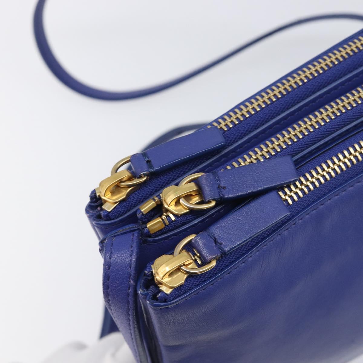CELINE Trio Shoulder Bag Leather Blue Gold Auth 198751