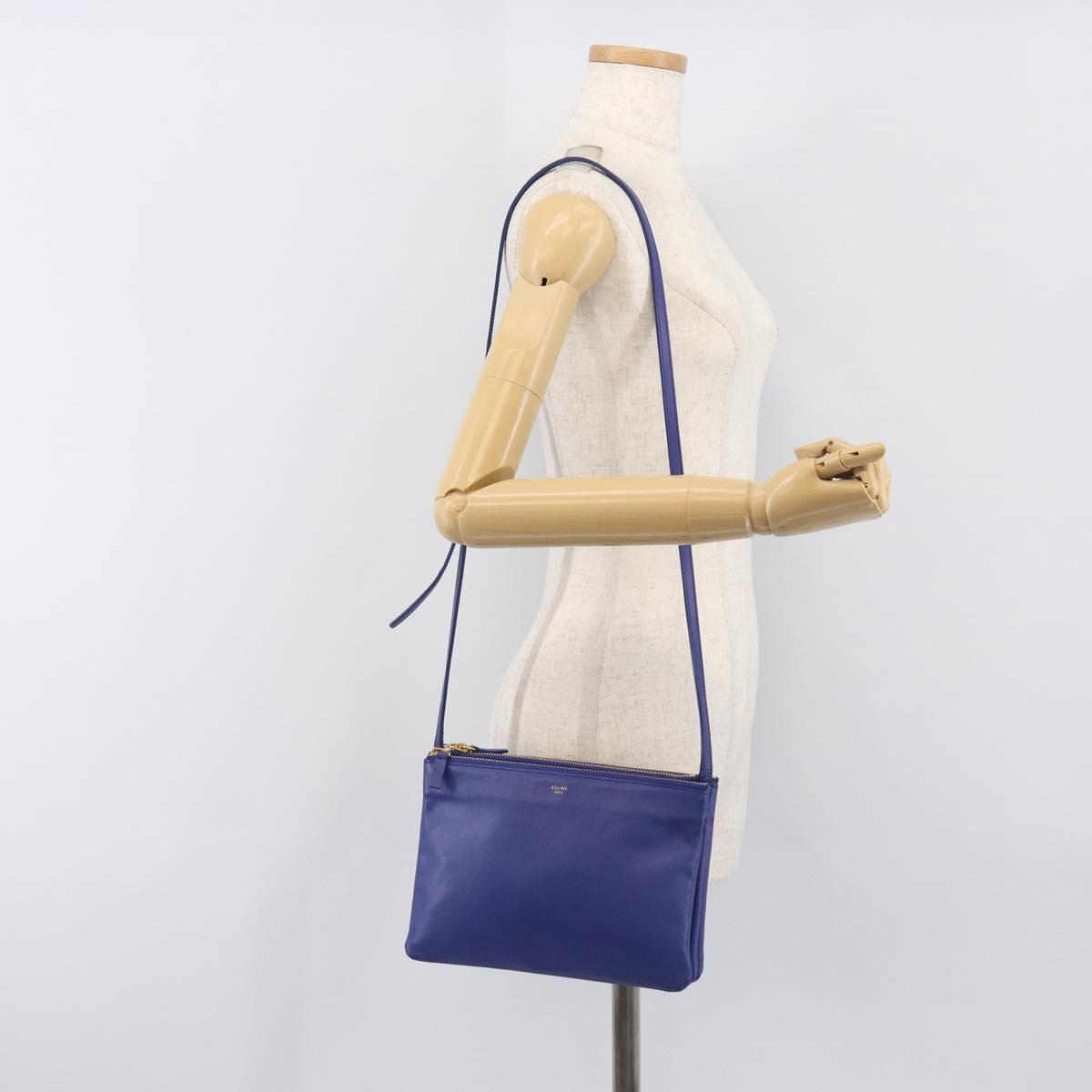 CELINE Trio Shoulder Bag Leather Blue Gold Auth 198751