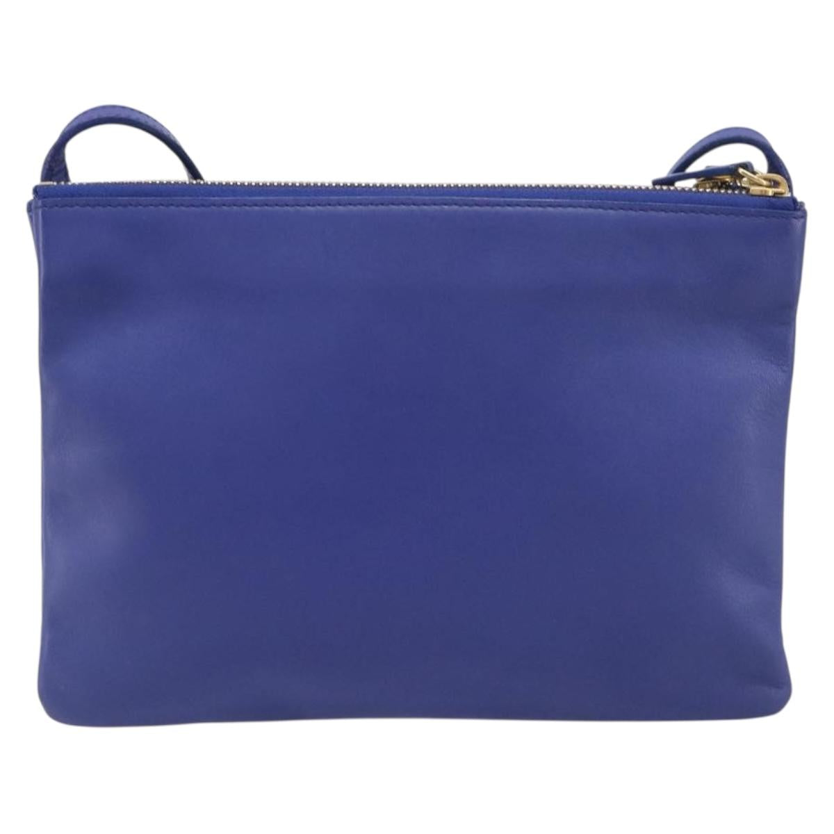 CELINE Trio Shoulder Bag Leather Blue Gold Auth 198751