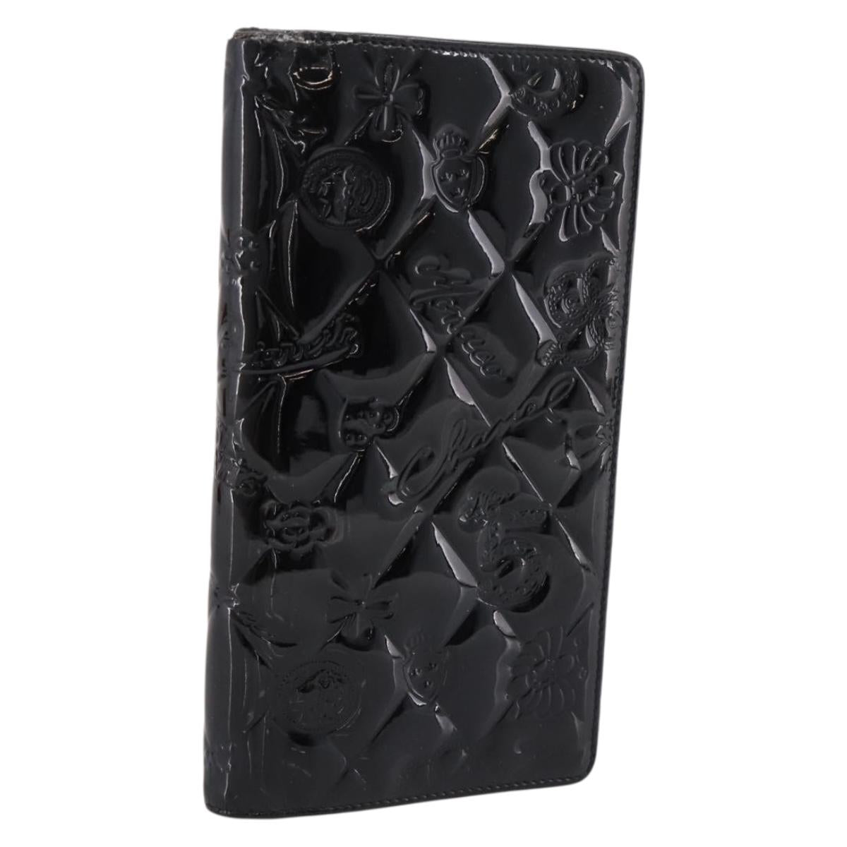CHANEL Icon line Long Wallet Patent leather Black CC Auth 198760