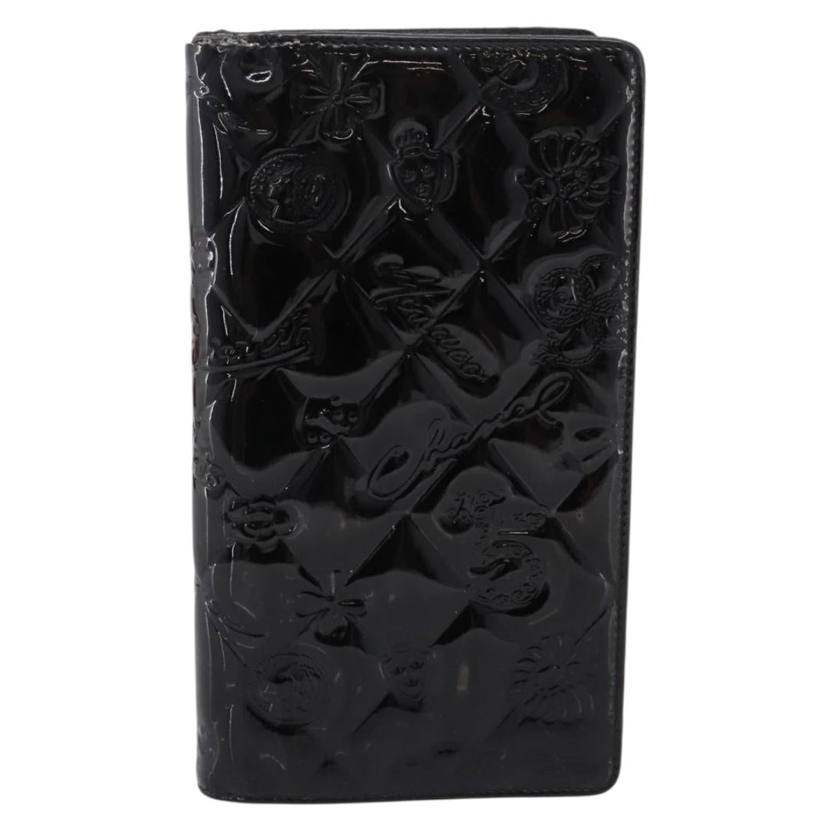 CHANEL Icon line Long Wallet Patent leather Black CC Auth 198760