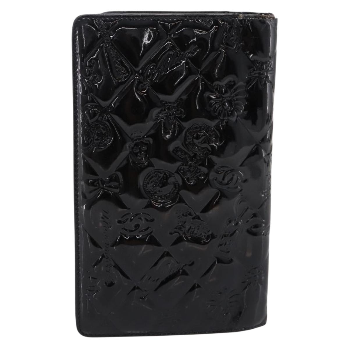 CHANEL Icon line Long Wallet Patent leather Black CC Auth 198760