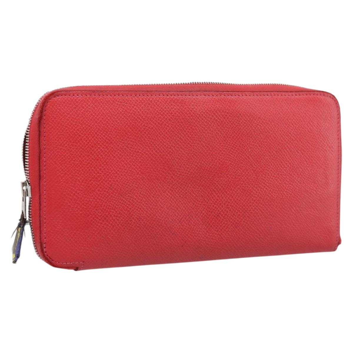 HERMES Azap Long Silk Inn Long Wallet Leather Red Silver Auth 198763