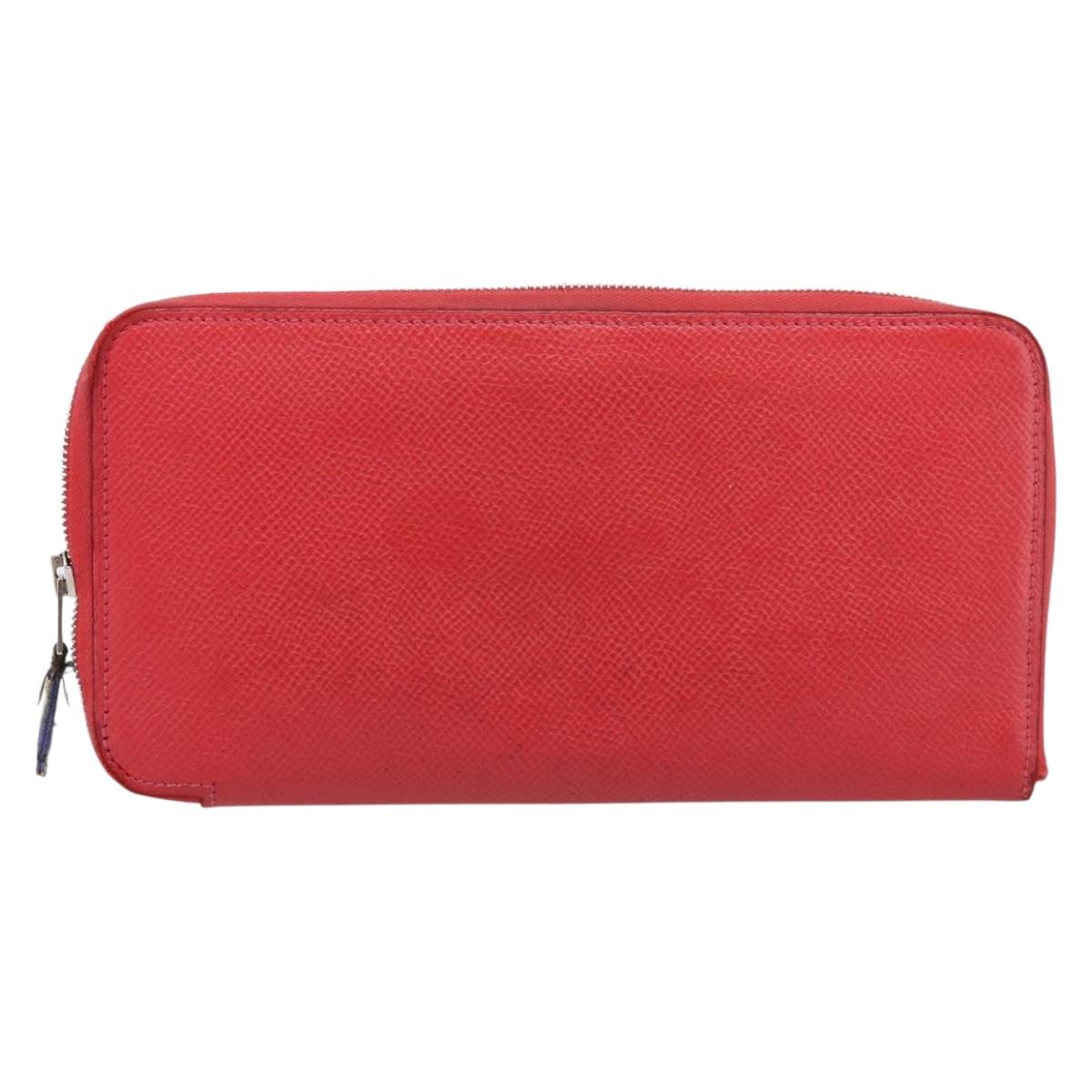 HERMES Azap Long Silk Inn Long Wallet Leather Red Silver Auth 198763