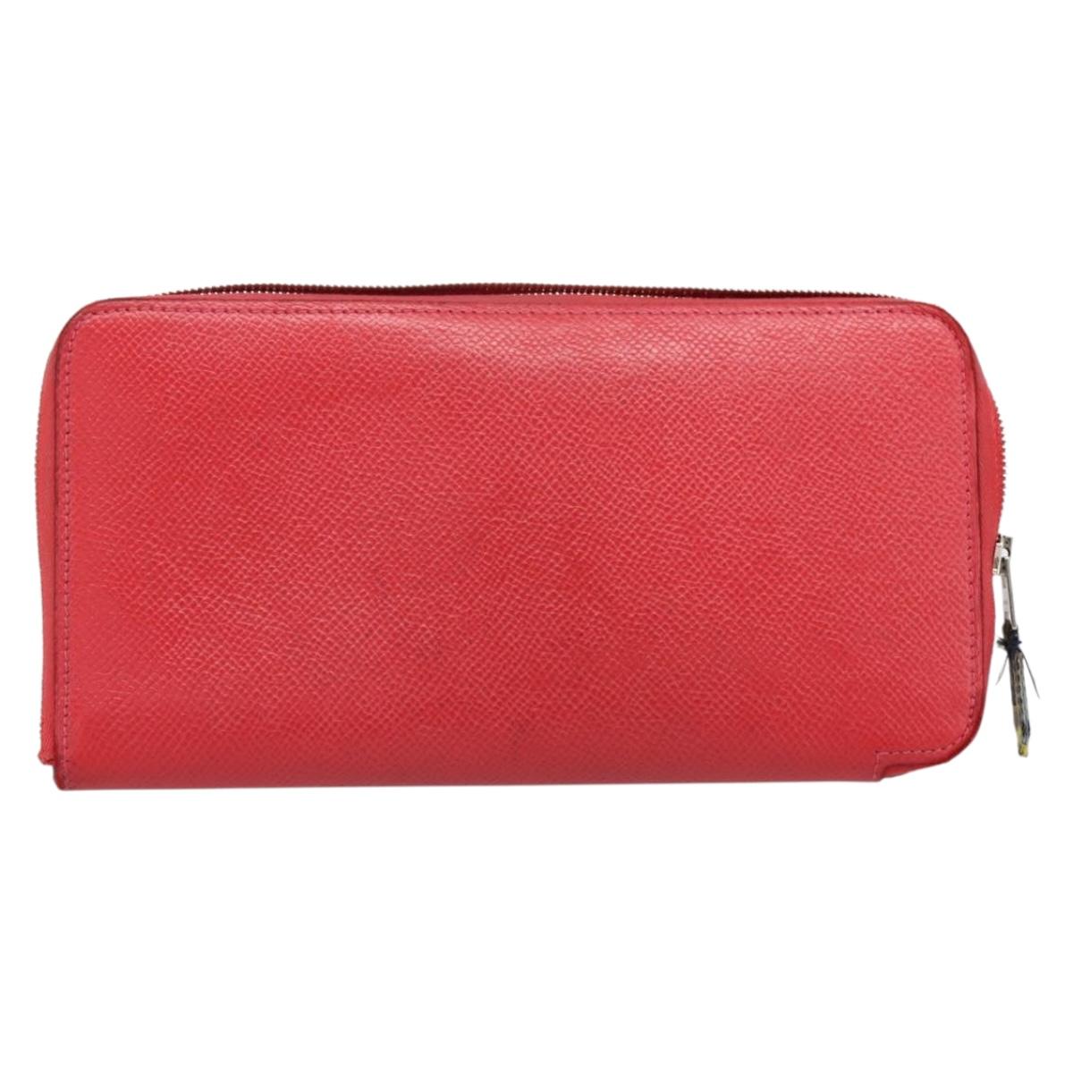 HERMES Azap Long Silk Inn Long Wallet Leather Red Silver Auth 198763